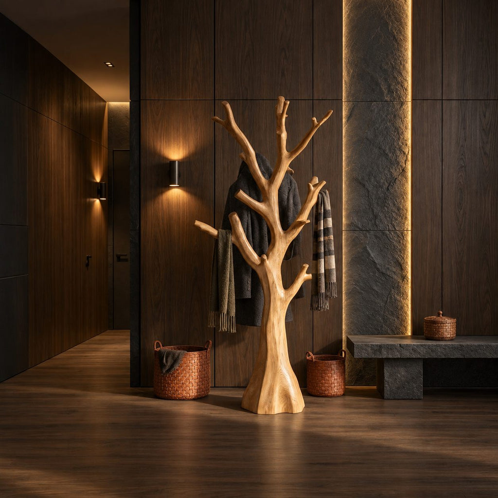 Stump Trunk Tree Coat Stand, Freestanding Solid Wood Hall Tree with Thick Upturned Branches, 60-80 Inch