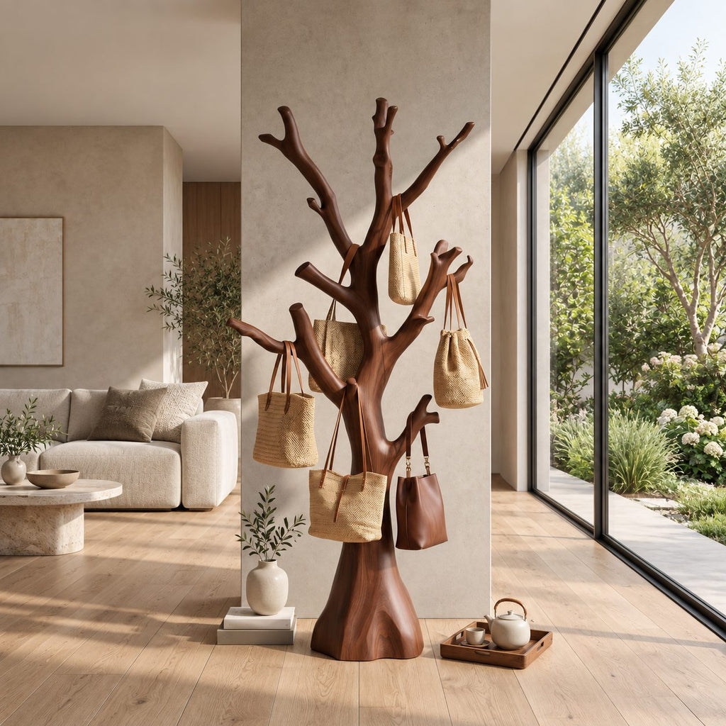 Stump Trunk Tree Coat Stand, Freestanding Solid Wood Hall Tree with Thick Upturned Branches, 60-80 Inch
