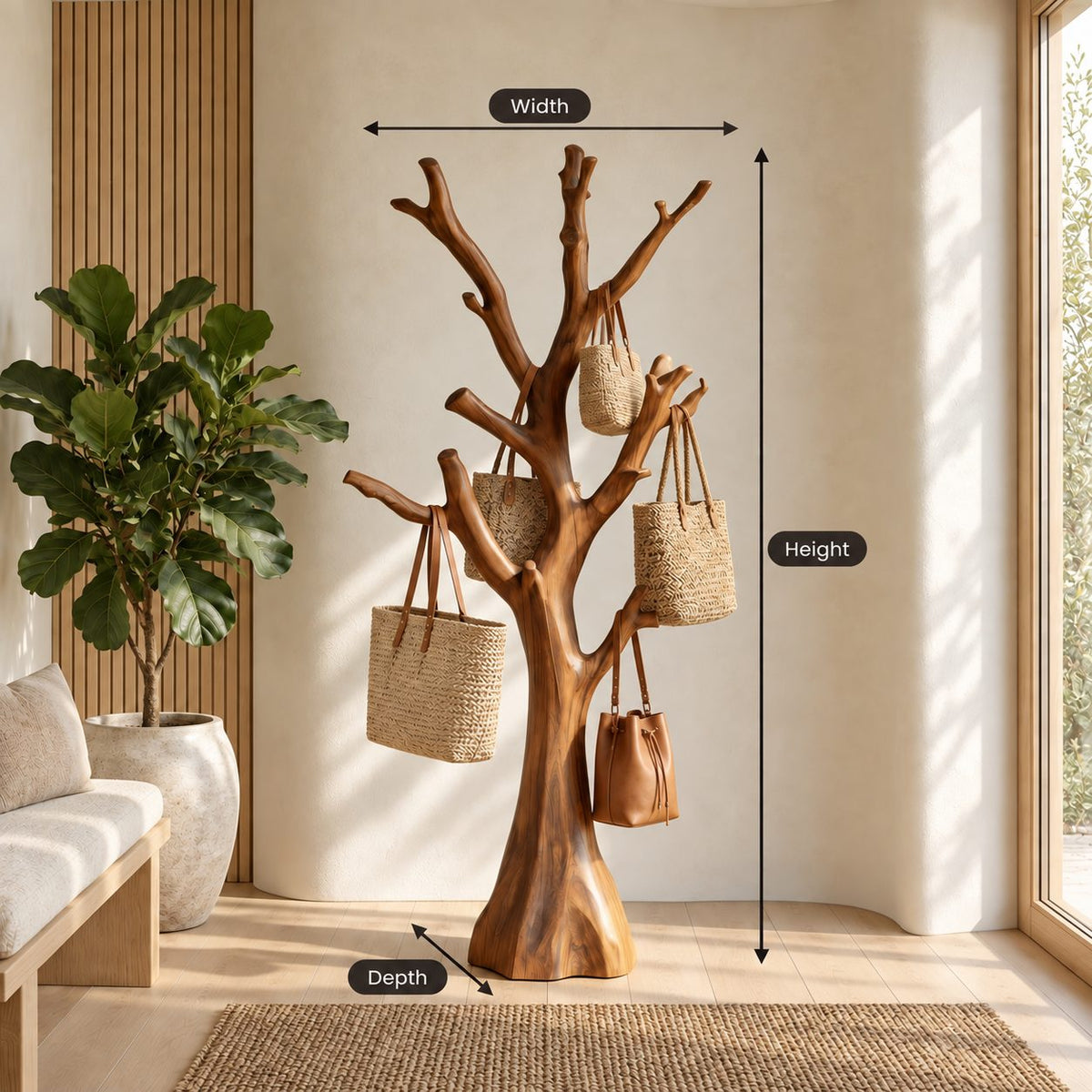 Stump Trunk Tree Coat Stand, Freestanding Solid Wood Hall Tree with Thick Upturned Branches, 60-80 Inch