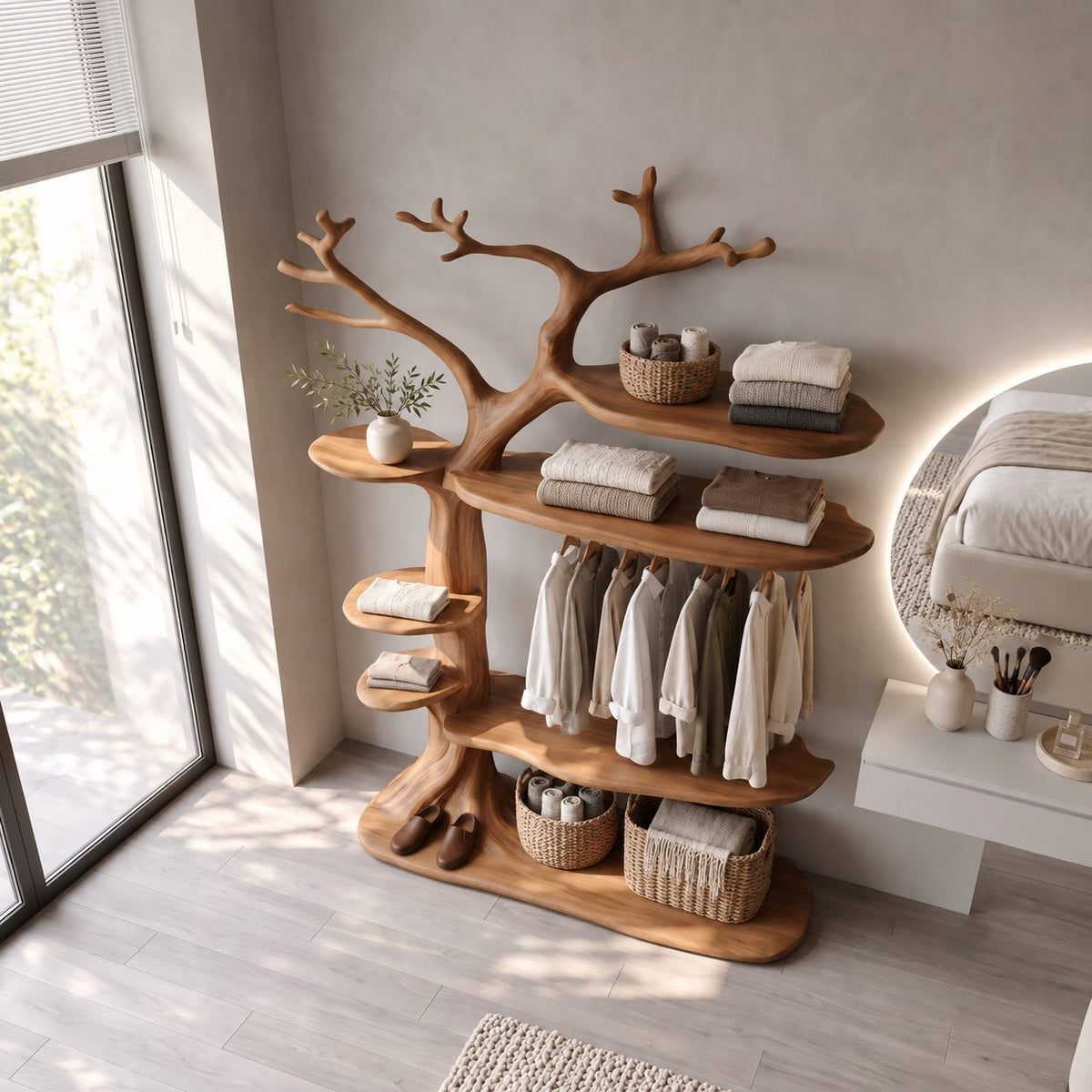 Freestanding Tree Clothing Rack with Oval Display Shelves, Solid Wood Bedroom Garment Organizer, 50 x 70 Inch