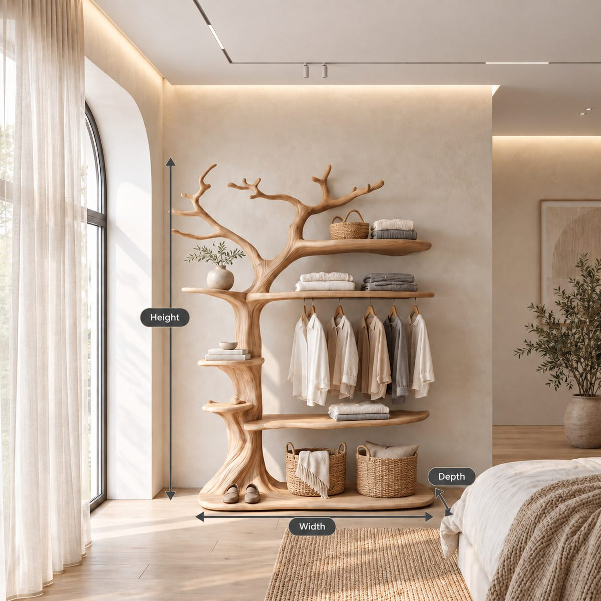 Freestanding Tree Clothing Rack with Oval Display Shelves, Solid Wood Bedroom Garment Organizer, 50 x 70 Inch