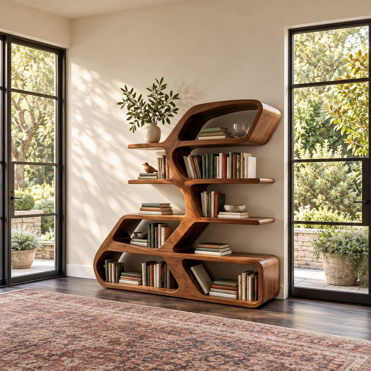 Asymmetric Sculptural Bookshelf with Stacked Loop Tiers, Modern Curved Wood Room Divider Bookcase