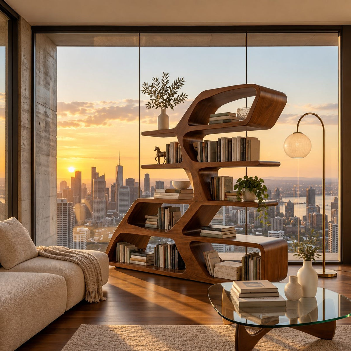 Asymmetric Sculptural Bookshelf with Stacked Loop Tiers, Modern Curved Wood Room Divider Bookcase