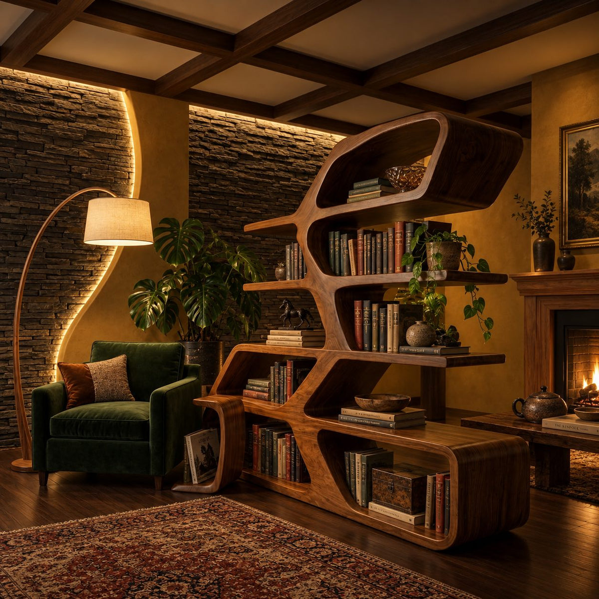Asymmetric Sculptural Bookshelf with Stacked Loop Tiers, Modern Curved Wood Room Divider Bookcase
