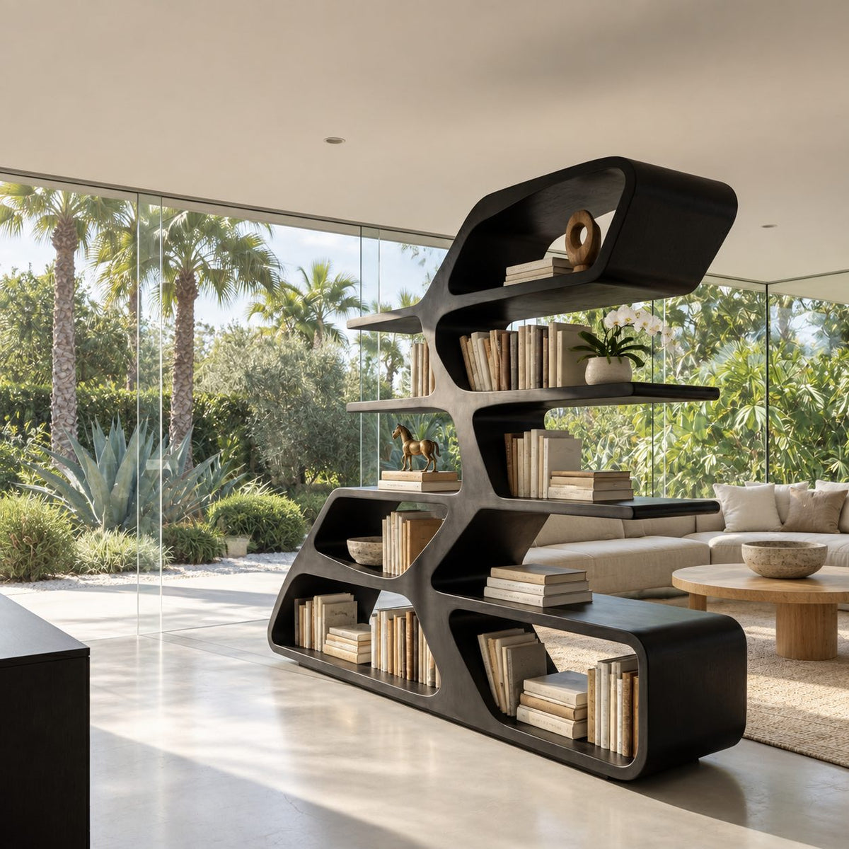 Asymmetric Sculptural Bookshelf with Stacked Loop Tiers, Modern Curved Wood Room Divider Bookcase