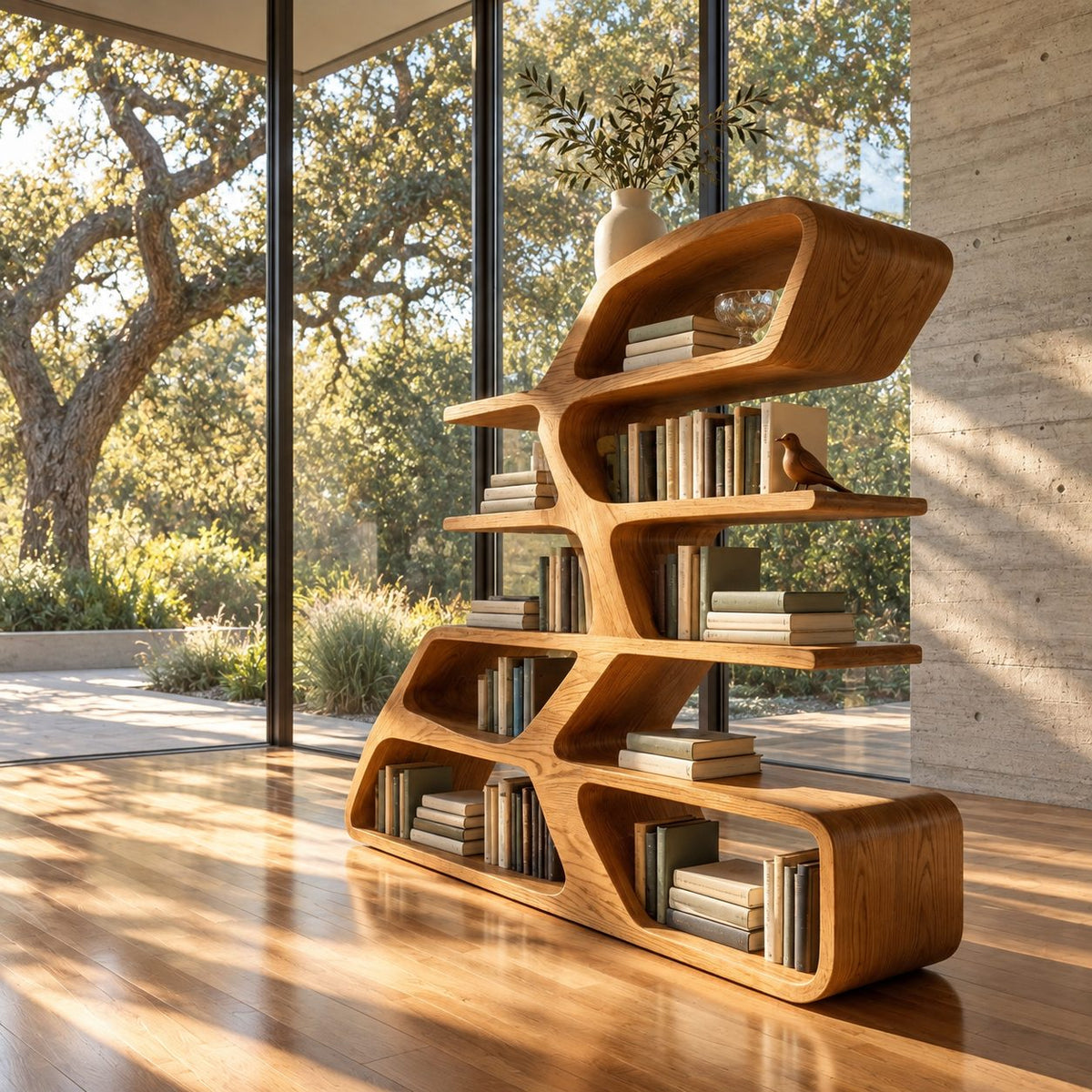 Asymmetric Sculptural Bookshelf with Stacked Loop Tiers, Modern Curved Wood Room Divider Bookcase