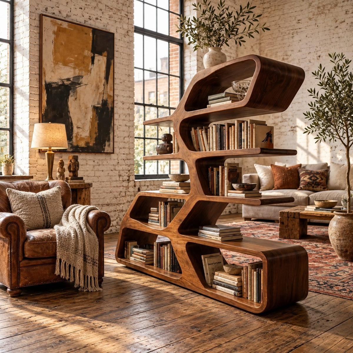 Asymmetric Sculptural Bookshelf with Stacked Loop Tiers, Modern Curved Wood Room Divider Bookcase
