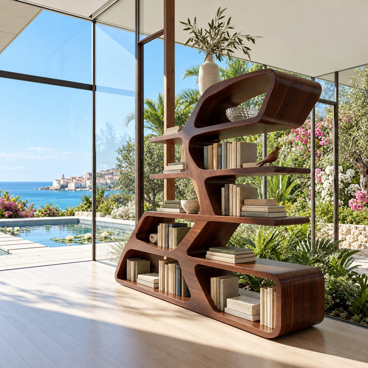 Asymmetric Sculptural Bookshelf with Stacked Loop Tiers, Modern Curved Wood Room Divider Bookcase