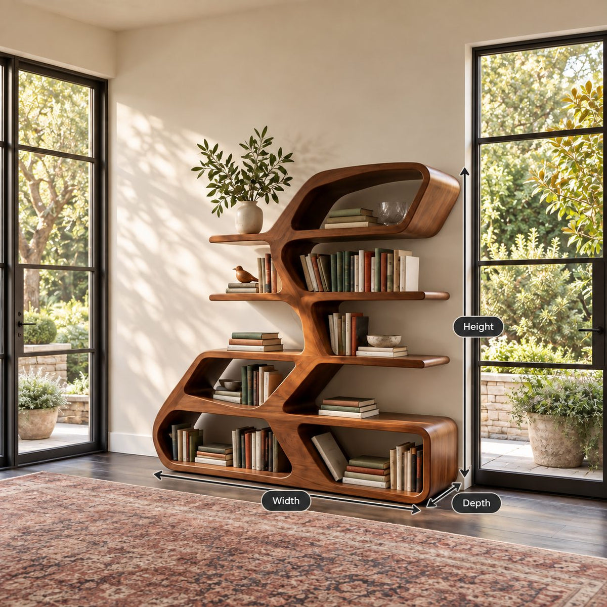 Asymmetric Sculptural Bookshelf with Stacked Loop Tiers, Modern Curved Wood Room Divider Bookcase