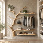 Live Edge Shelf Tree Clothes Rack with Hanging Rail and Shoe Shelves, Solid Wood Wall Organizer, 60 x 70 Inch