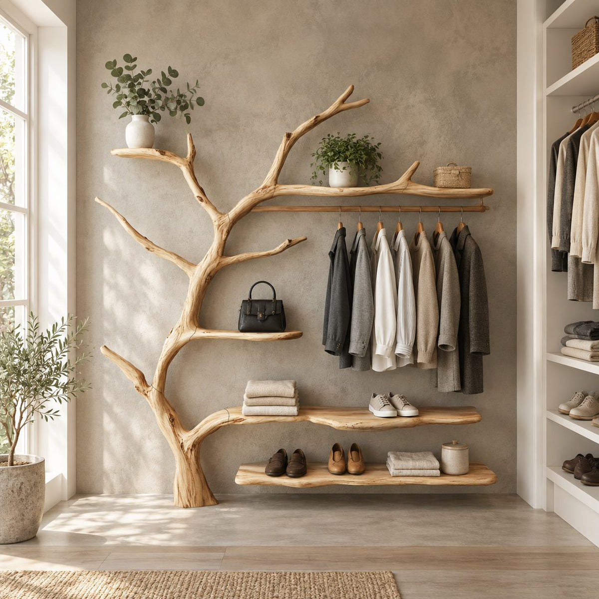 Live Edge Shelf Tree Clothes Rack with Hanging Rail and Shoe Shelves, Solid Wood Wall Organizer, 60 x 70 Inch