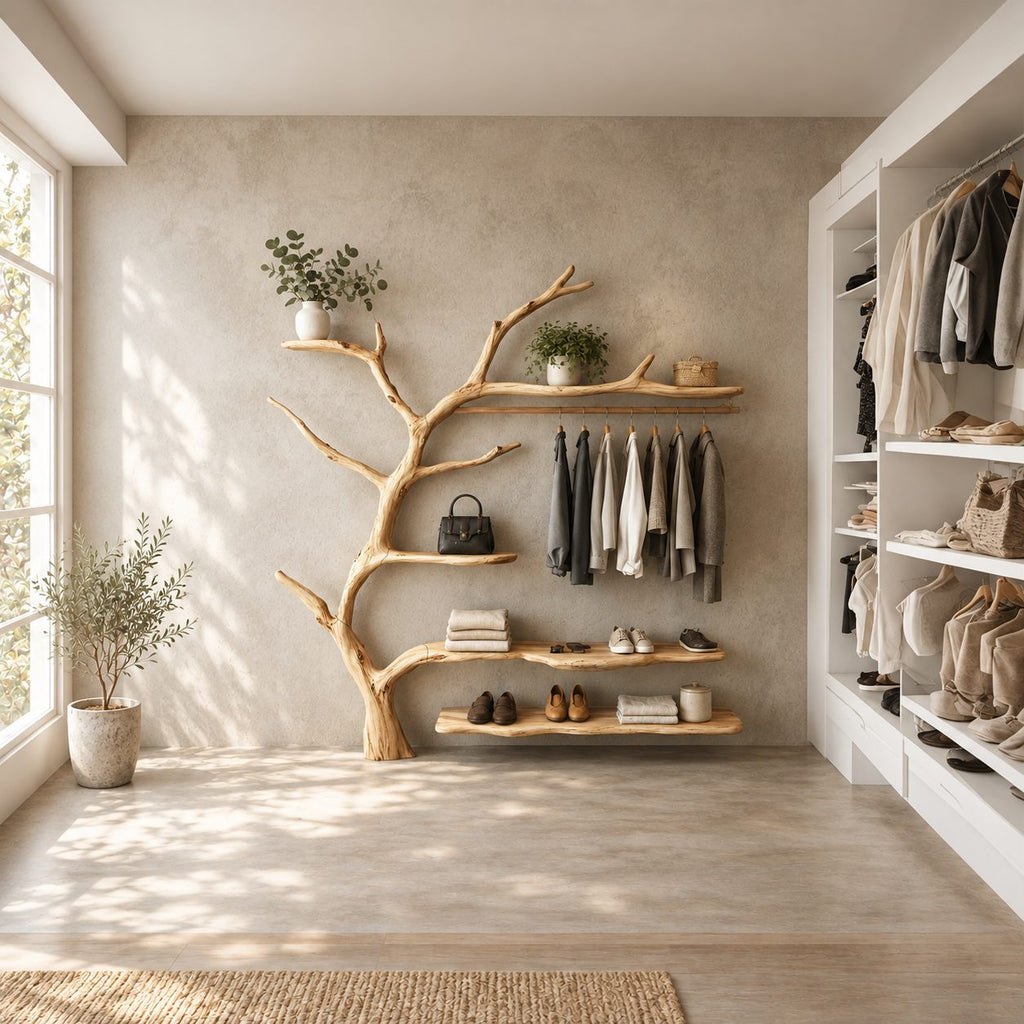 Live Edge Shelf Tree Clothes Rack with Hanging Rail and Shoe Shelves, Solid Wood Wall Organizer, 60 x 70 Inch