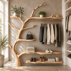 Live Edge Shelf Tree Clothes Rack with Hanging Rail and Shoe Shelves, Solid Wood Wall Organizer, 60 x 70 Inch