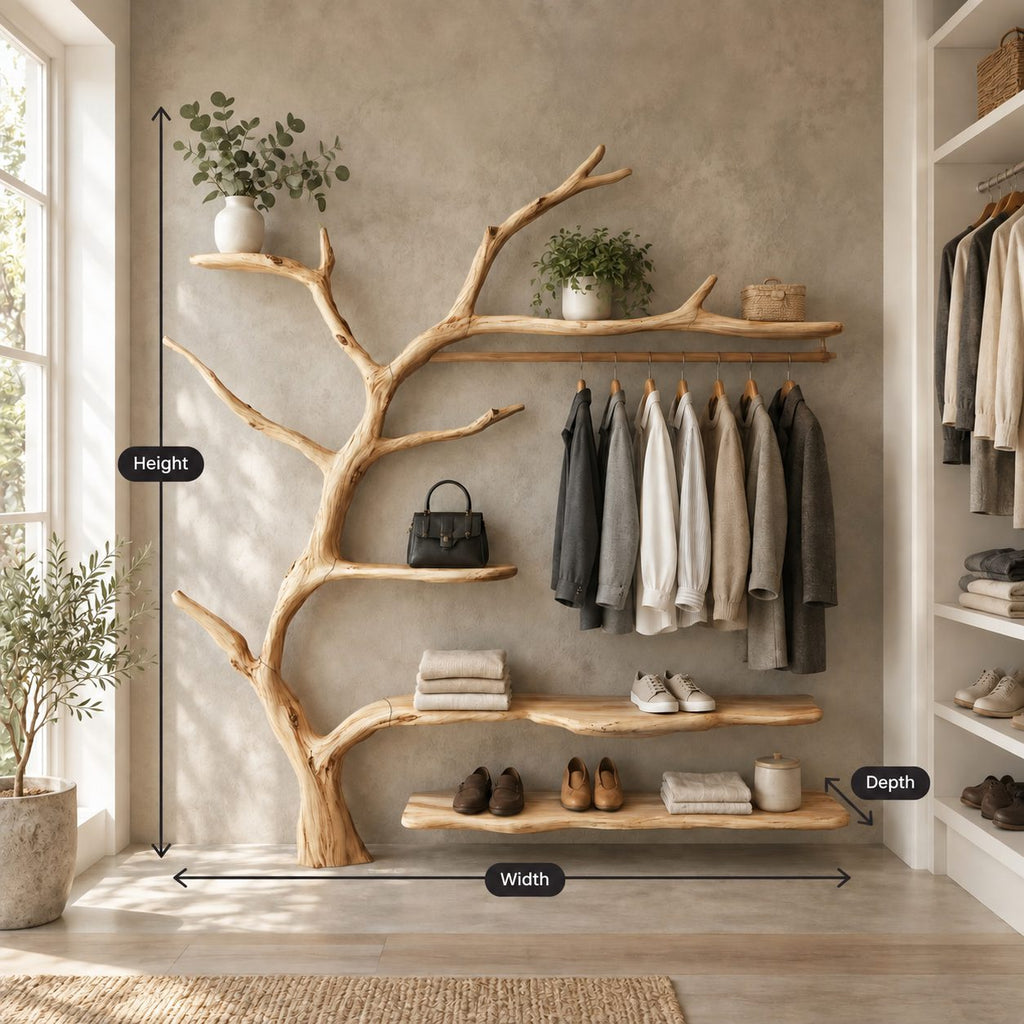 Live Edge Shelf Tree Clothes Rack with Hanging Rail and Shoe Shelves, Solid Wood Wall Organizer, 60 x 70 Inch