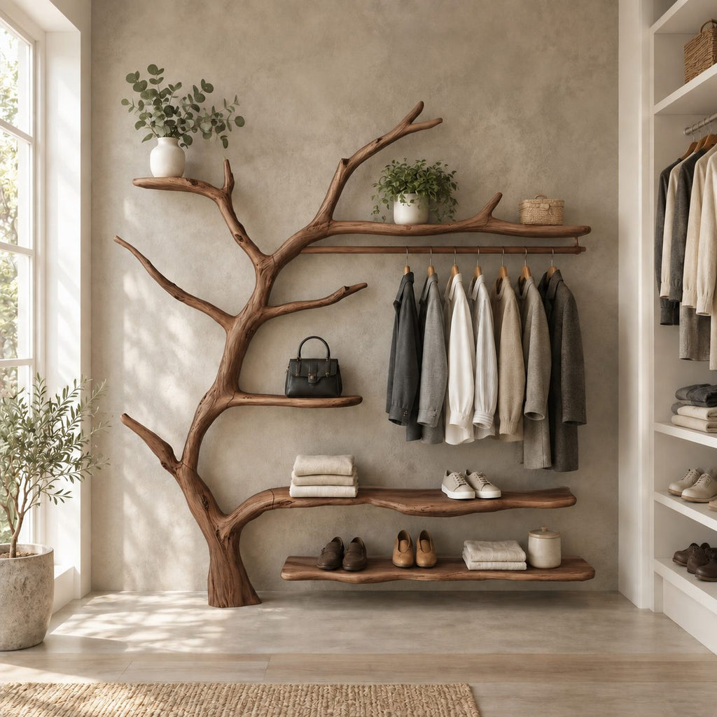 Live Edge Shelf Tree Clothes Rack with Hanging Rail and Shoe Shelves, Solid Wood Wall Organizer, 60 x 70 Inch