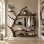 Live Edge Shelf Tree Clothes Rack with Hanging Rail and Shoe Shelves, Solid Wood Wall Organizer, 60 x 70 Inch