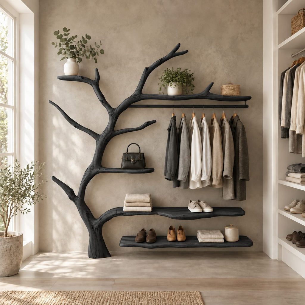 Live Edge Shelf Tree Clothes Rack with Hanging Rail and Shoe Shelves, Solid Wood Wall Organizer, 60 x 70 Inch