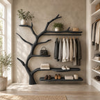 Live Edge Shelf Tree Clothes Rack with Hanging Rail and Shoe Shelves, Solid Wood Wall Organizer, 60 x 70 Inch