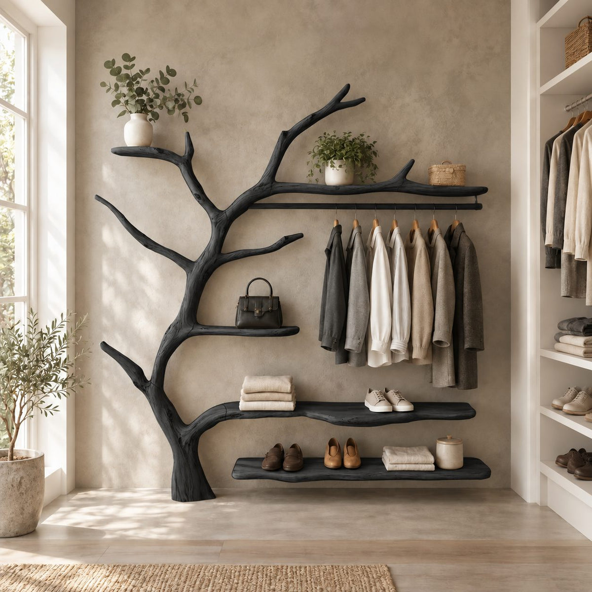 Live Edge Shelf Tree Clothes Rack with Hanging Rail and Shoe Shelves, Solid Wood Wall Organizer, 60 x 70 Inch