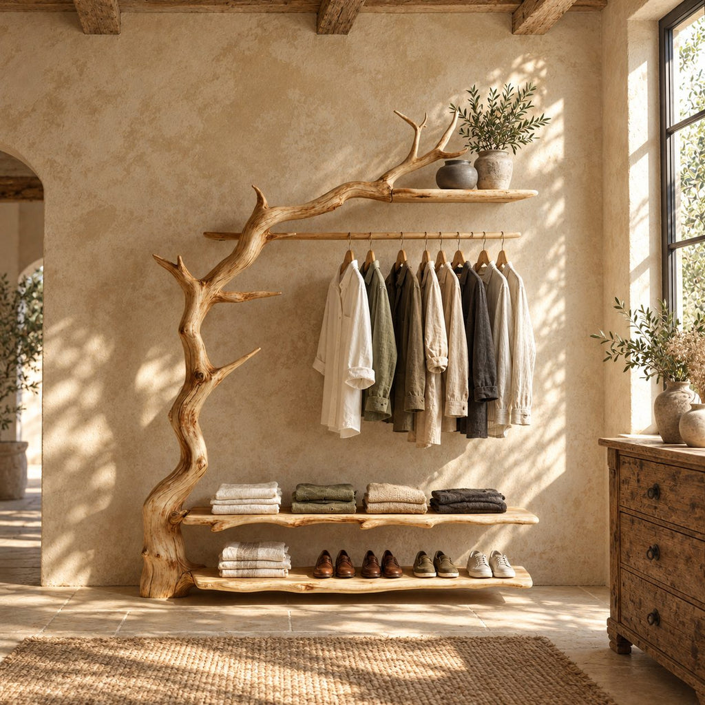 Gnarled Trunk Clothes Rack with Antler Branch Top Shelf and Two Live Edge Shelves, Solid Wood, 50 x 70 Inch