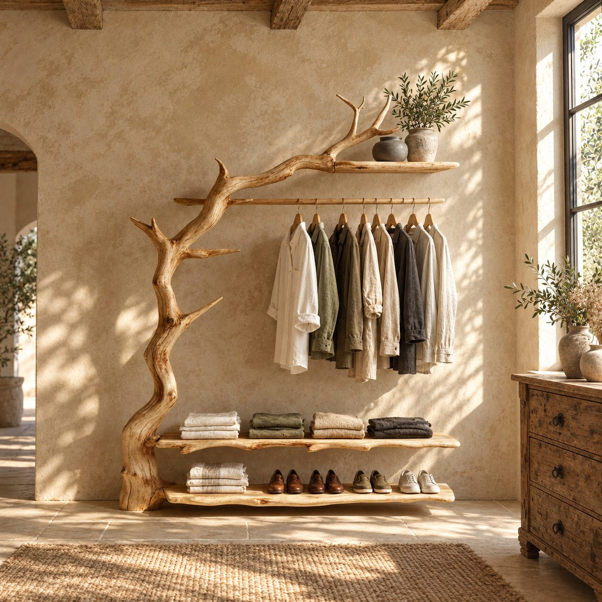 Gnarled Trunk Clothes Rack with Antler Branch Top Shelf and Two Live Edge Shelves, Solid Wood, 50 x 70 Inch
