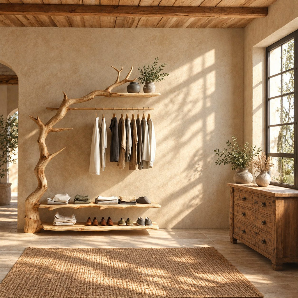 Gnarled Trunk Clothes Rack with Antler Branch Top Shelf and Two Live Edge Shelves, Solid Wood, 50 x 70 Inch