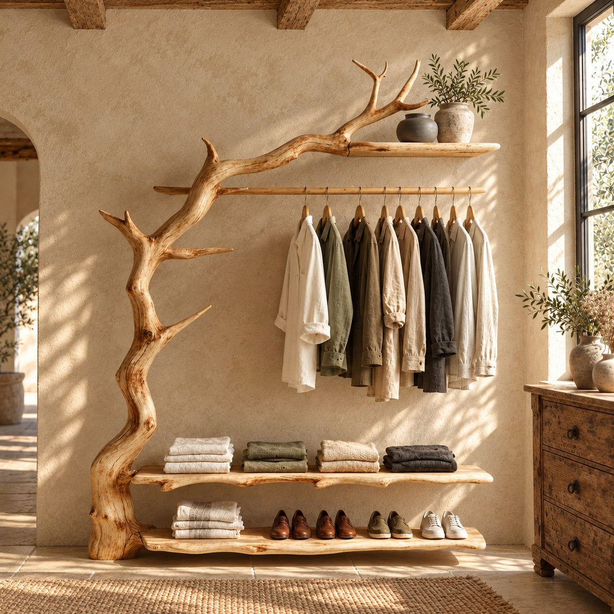 Gnarled Trunk Clothes Rack with Antler Branch Top Shelf and Two Live Edge Shelves, Solid Wood, 50 x 70 Inch