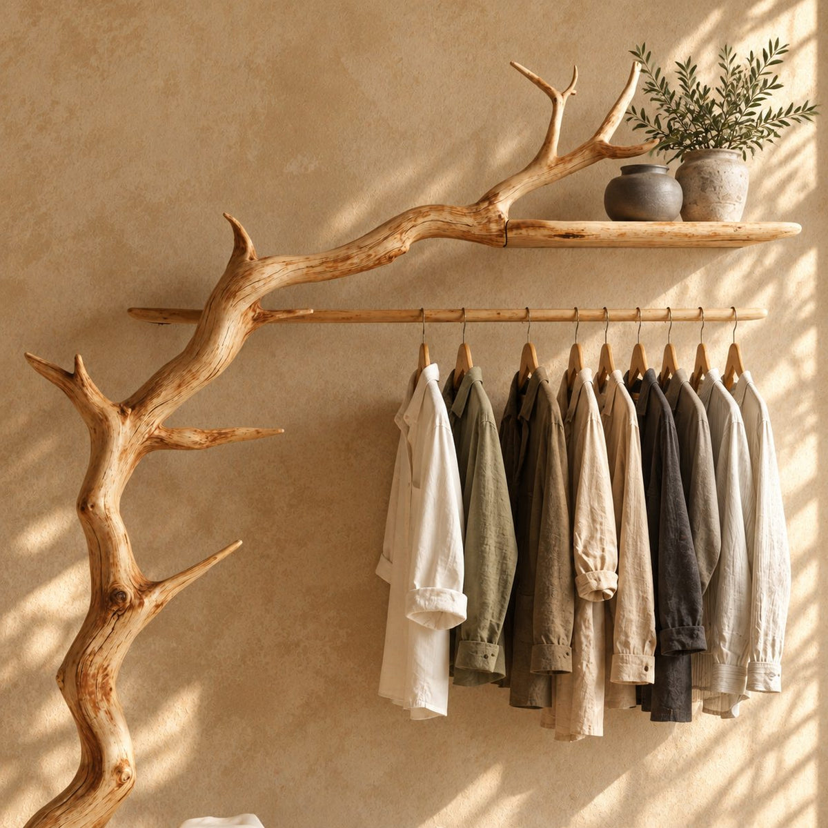 Gnarled Trunk Clothes Rack with Antler Branch Top Shelf and Two Live Edge Shelves, Solid Wood, 50 x 70 Inch