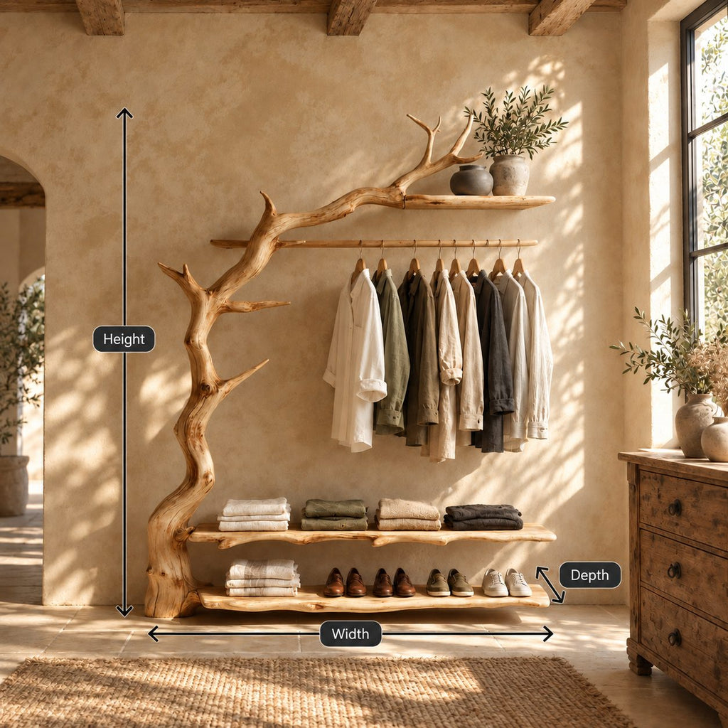 Gnarled Trunk Clothes Rack with Antler Branch Top Shelf and Two Live Edge Shelves, Solid Wood, 50 x 70 Inch