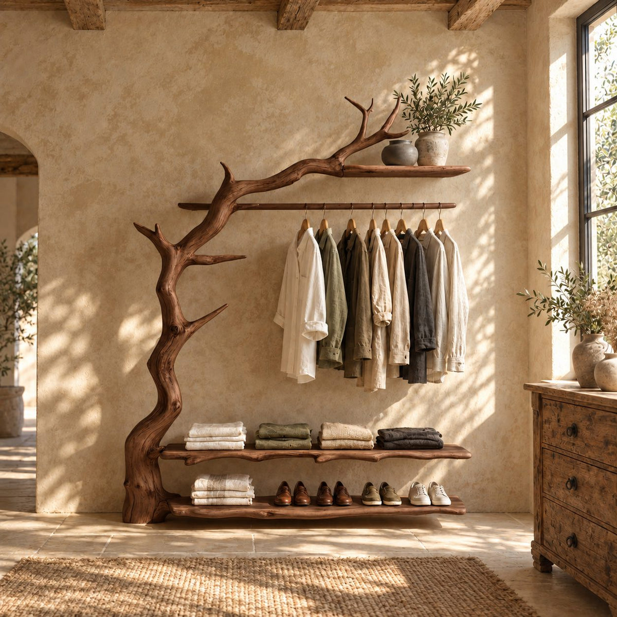 Gnarled Trunk Clothes Rack with Antler Branch Top Shelf and Two Live Edge Shelves, Solid Wood, 50 x 70 Inch