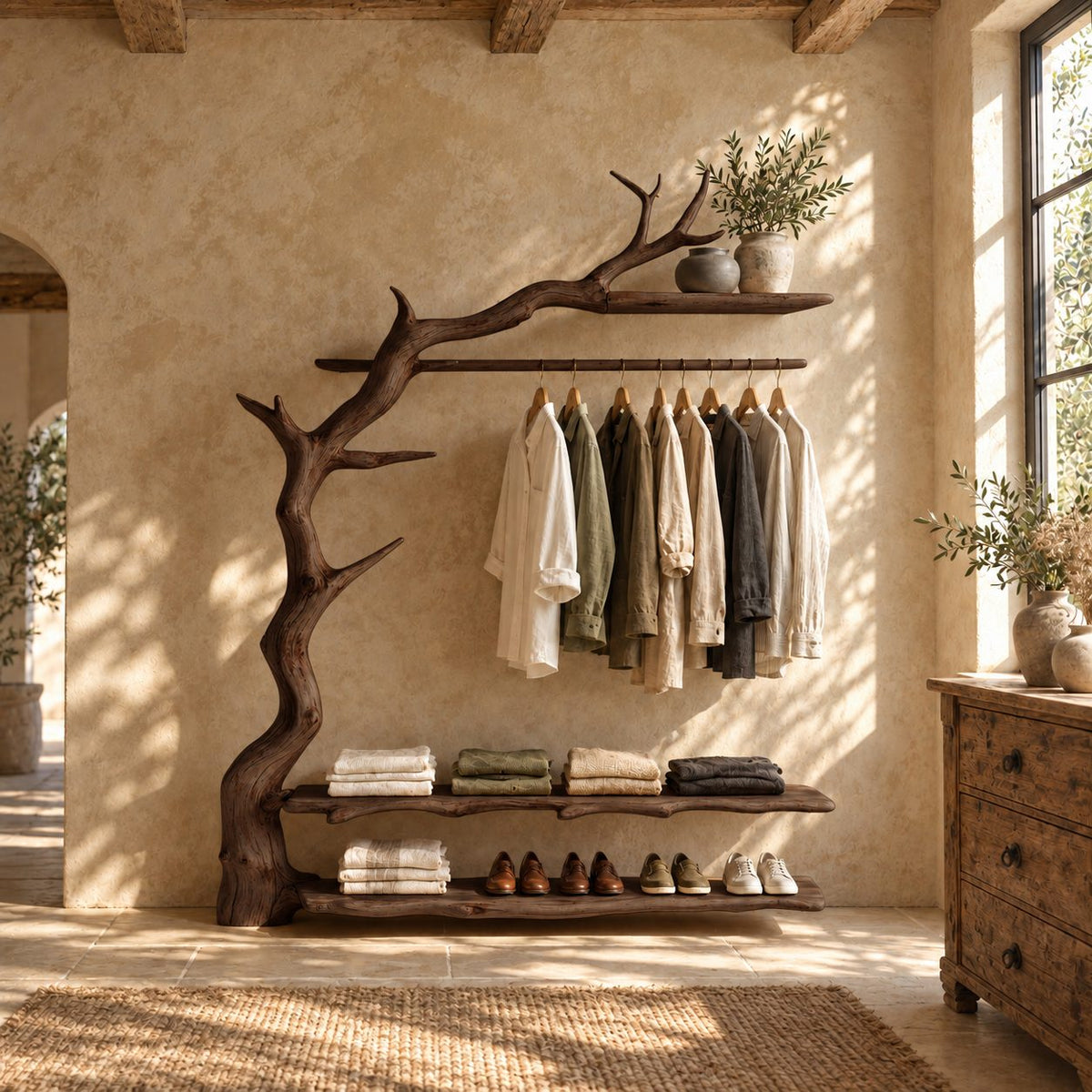 Gnarled Trunk Clothes Rack with Antler Branch Top Shelf and Two Live Edge Shelves, Solid Wood, 50 x 70 Inch