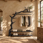 Gnarled Trunk Clothes Rack with Antler Branch Top Shelf and Two Live Edge Shelves, Solid Wood, 50 x 70 Inch