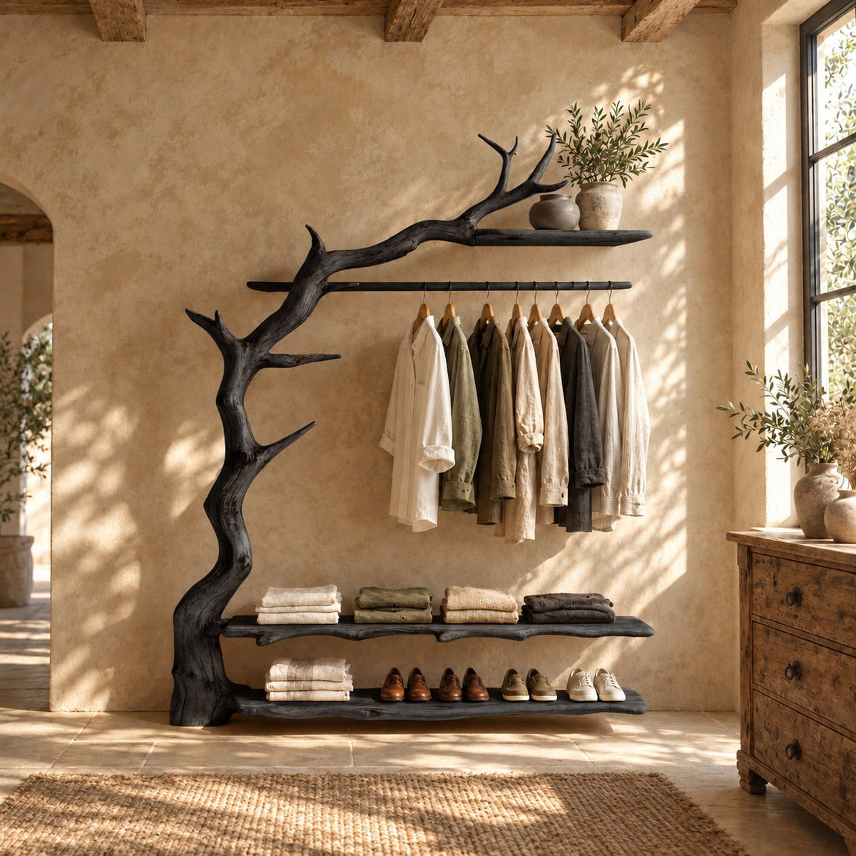 Gnarled Trunk Clothes Rack with Antler Branch Top Shelf and Two Live Edge Shelves, Solid Wood, 50 x 70 Inch