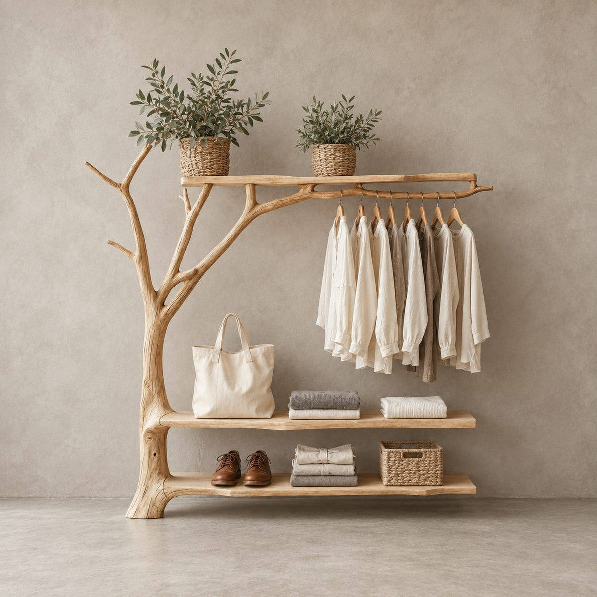 Forked Branch Garment Rack with Top Shelf, Hanging Rail and Two Low Shelves, Solid Wood Clothes Rack, 40 x 60 Inch