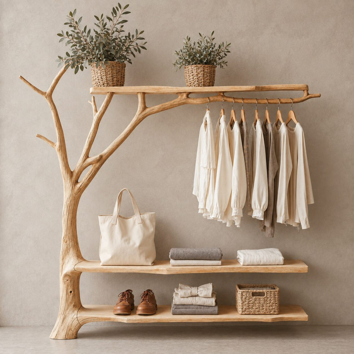 Forked Branch Garment Rack with Top Shelf, Hanging Rail and Two Low Shelves, Solid Wood Clothes Rack, 40 x 60 Inch