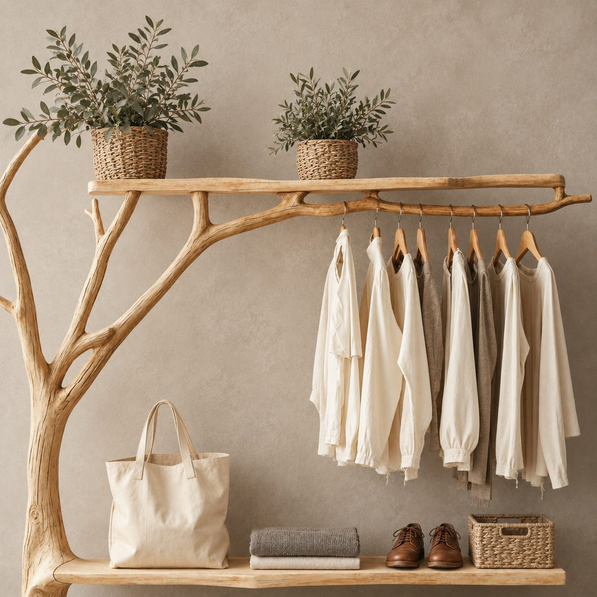 Forked Branch Garment Rack with Top Shelf, Hanging Rail and Two Low Shelves, Solid Wood Clothes Rack, 40 x 60 Inch