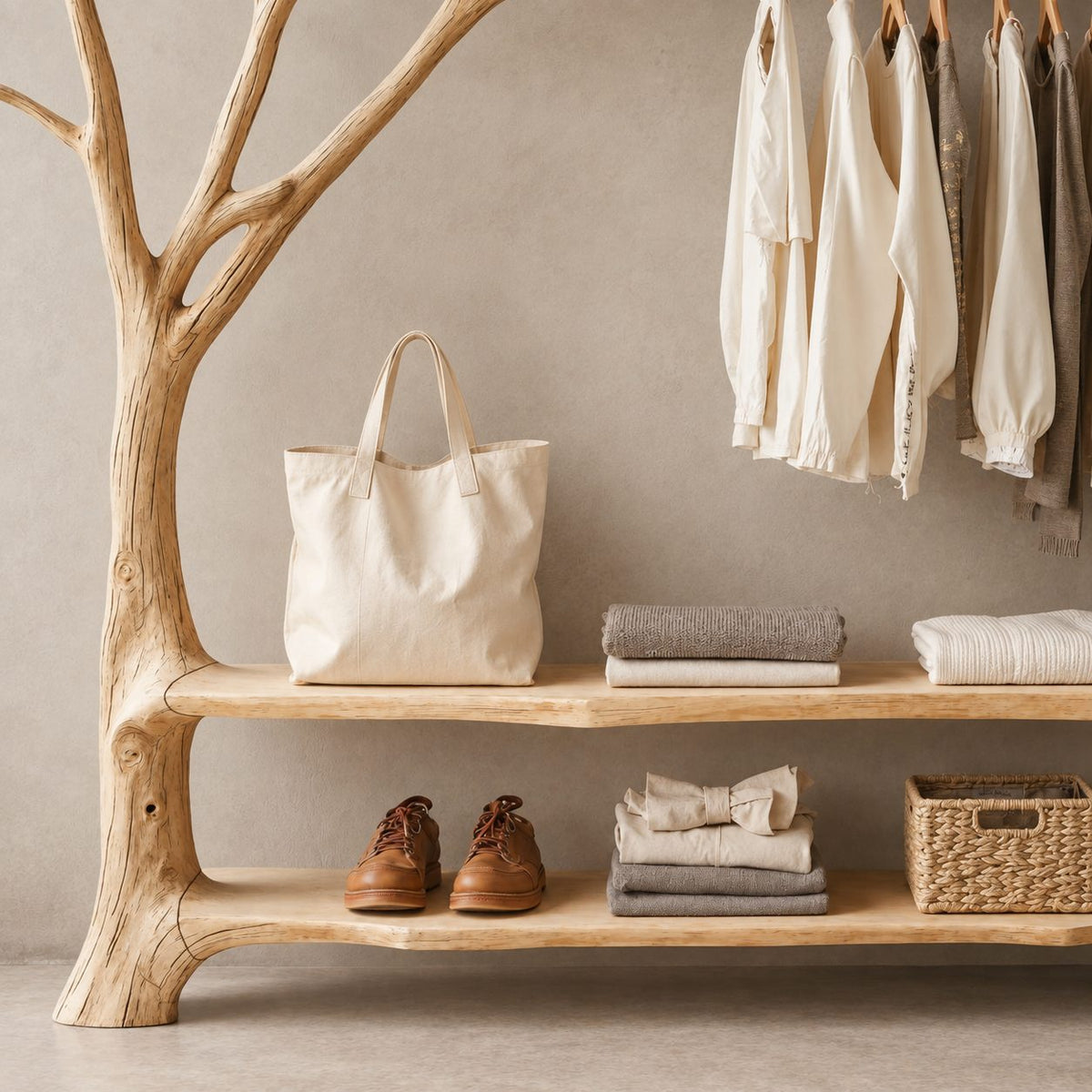 Forked Branch Garment Rack with Top Shelf, Hanging Rail and Two Low Shelves, Solid Wood Clothes Rack, 40 x 60 Inch