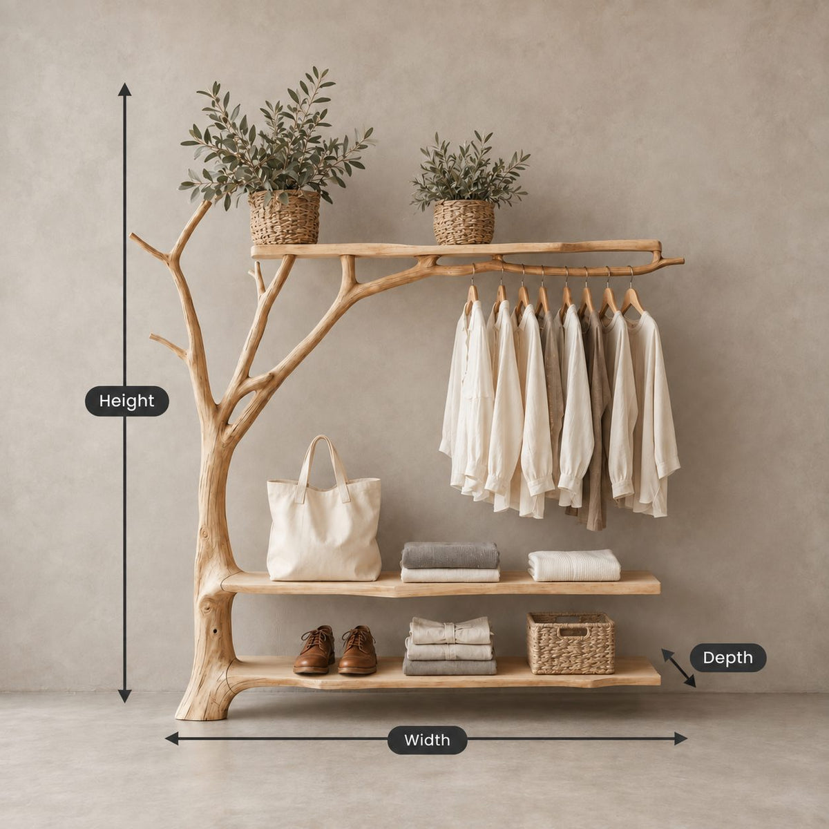 Forked Branch Garment Rack with Top Shelf, Hanging Rail and Two Low Shelves, Solid Wood Clothes Rack, 40 x 60 Inch