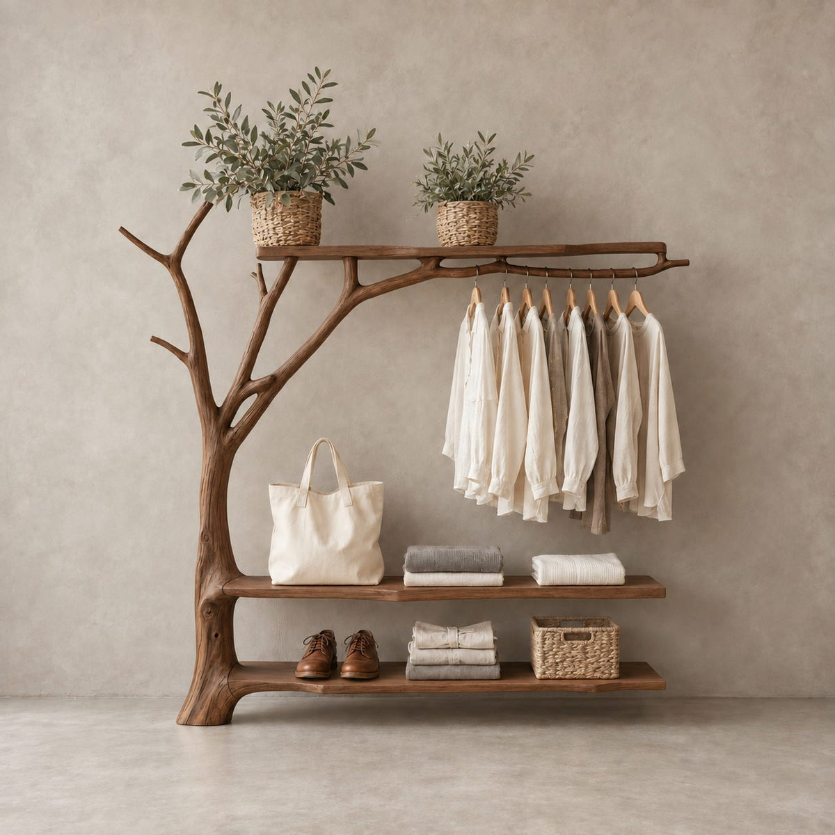 Forked Branch Garment Rack with Top Shelf, Hanging Rail and Two Low Shelves, Solid Wood Clothes Rack, 40 x 60 Inch