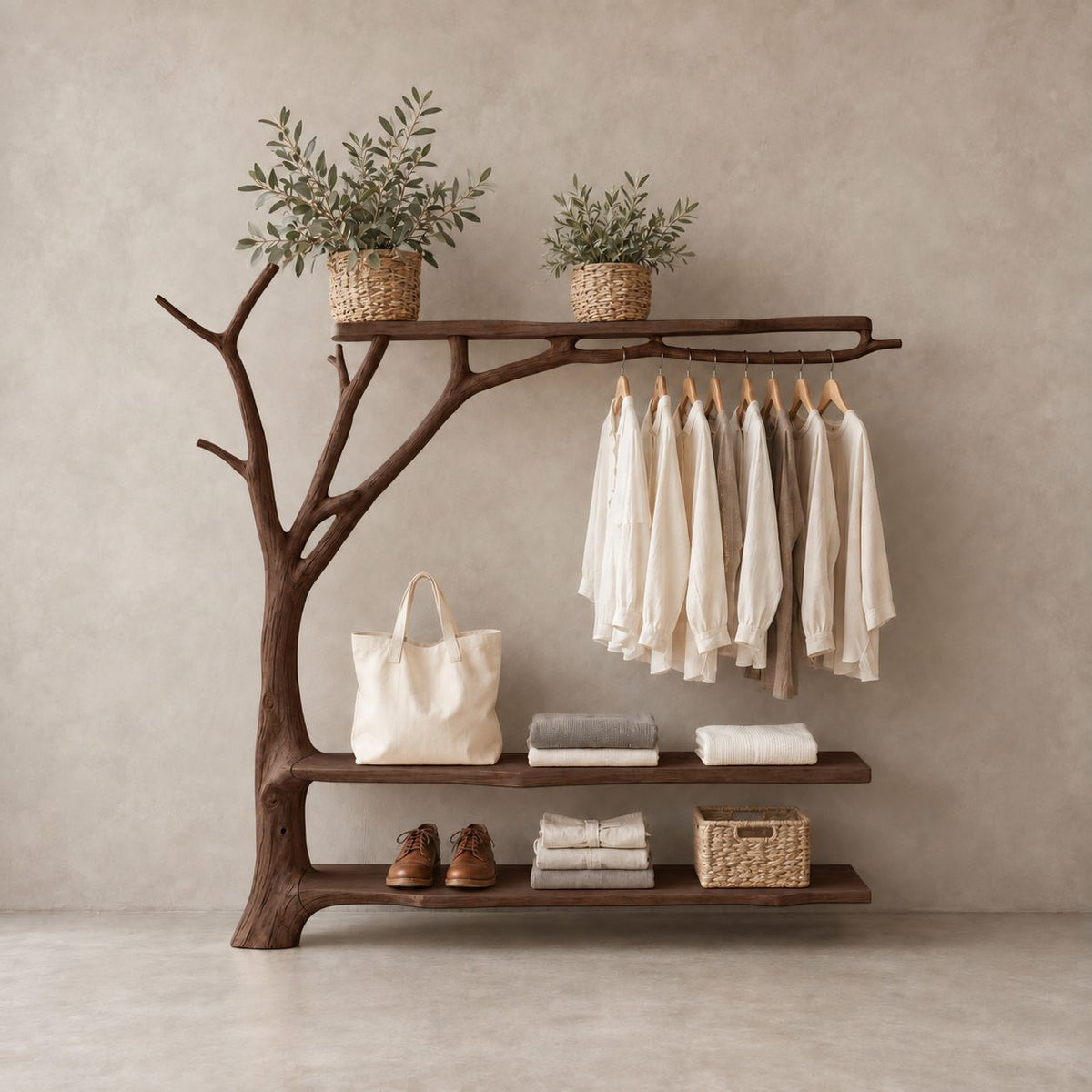 Forked Branch Garment Rack with Top Shelf, Hanging Rail and Two Low Shelves, Solid Wood Clothes Rack, 40 x 60 Inch