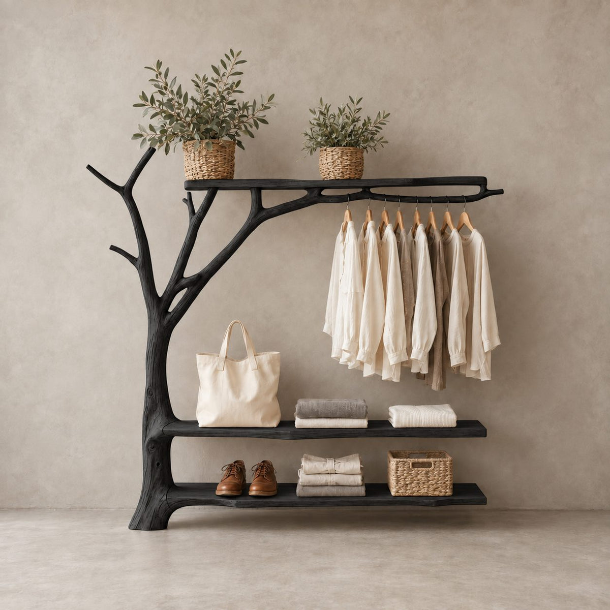 Forked Branch Garment Rack with Top Shelf, Hanging Rail and Two Low Shelves, Solid Wood Clothes Rack, 40 x 60 Inch
