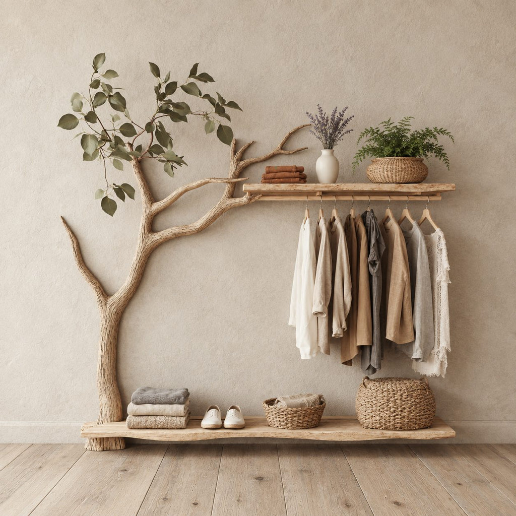 Low Tree Coat Hanger Stand with Top Shelf, Hanging Rail and Floor Slab Shelf, Solid Wood Clothes Rack, 42 x 50 Inch