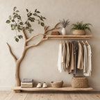 Low Tree Coat Hanger Stand with Top Shelf, Hanging Rail and Floor Slab Shelf, Solid Wood Clothes Rack, 42 x 50 Inch