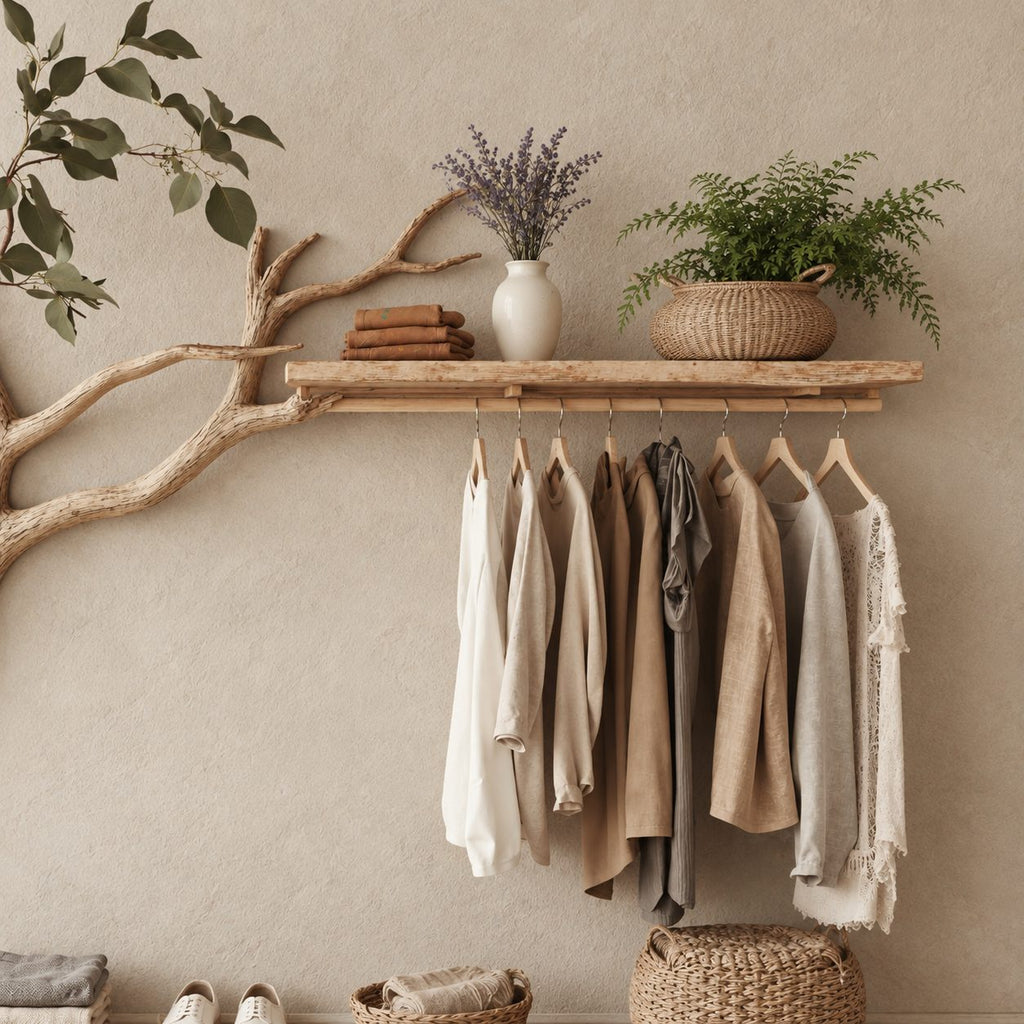 Low Tree Coat Hanger Stand with Top Shelf, Hanging Rail and Floor Slab Shelf, Solid Wood Clothes Rack, 42 x 50 Inch