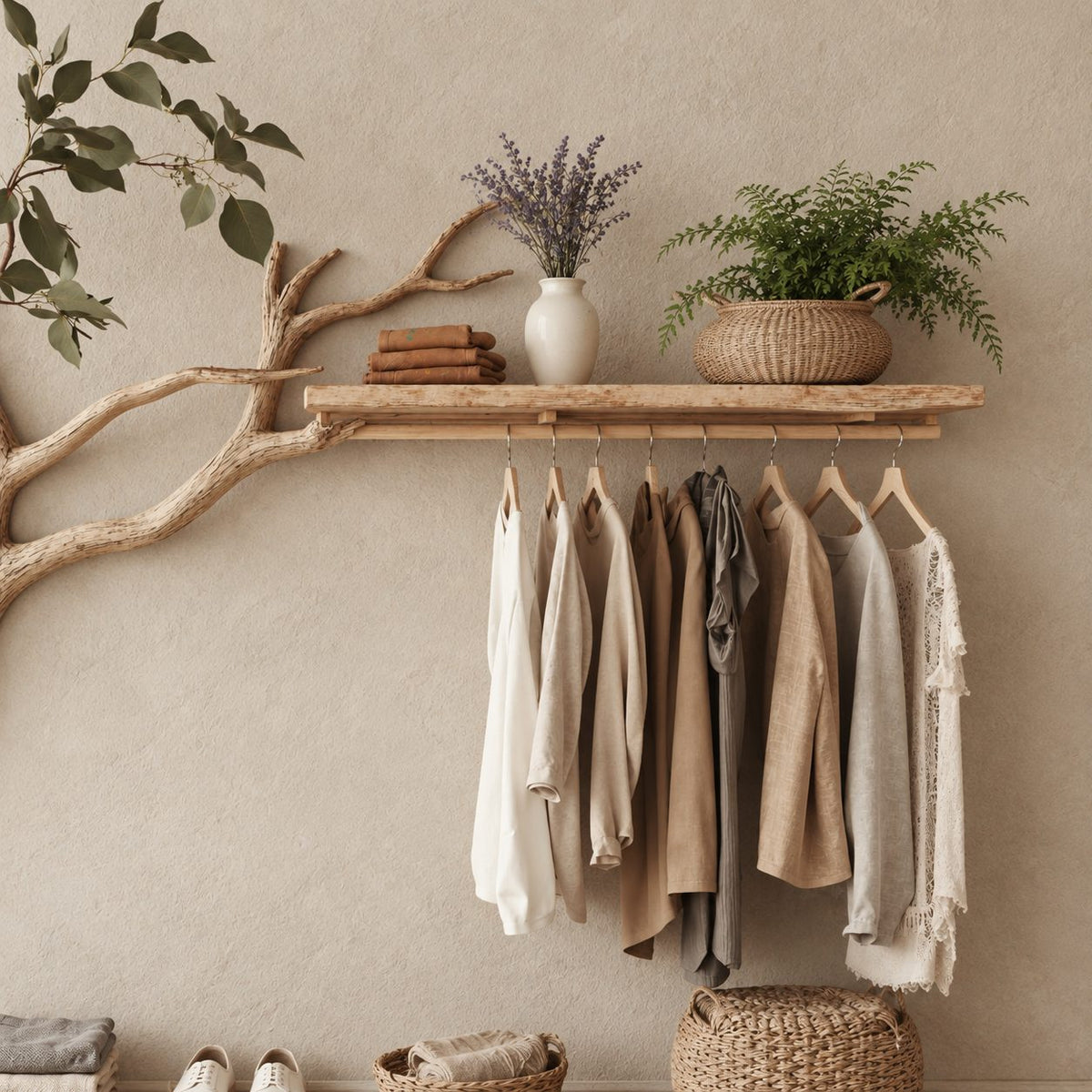 Low Tree Coat Hanger Stand with Top Shelf, Hanging Rail and Floor Slab Shelf, Solid Wood Clothes Rack, 42 x 50 Inch