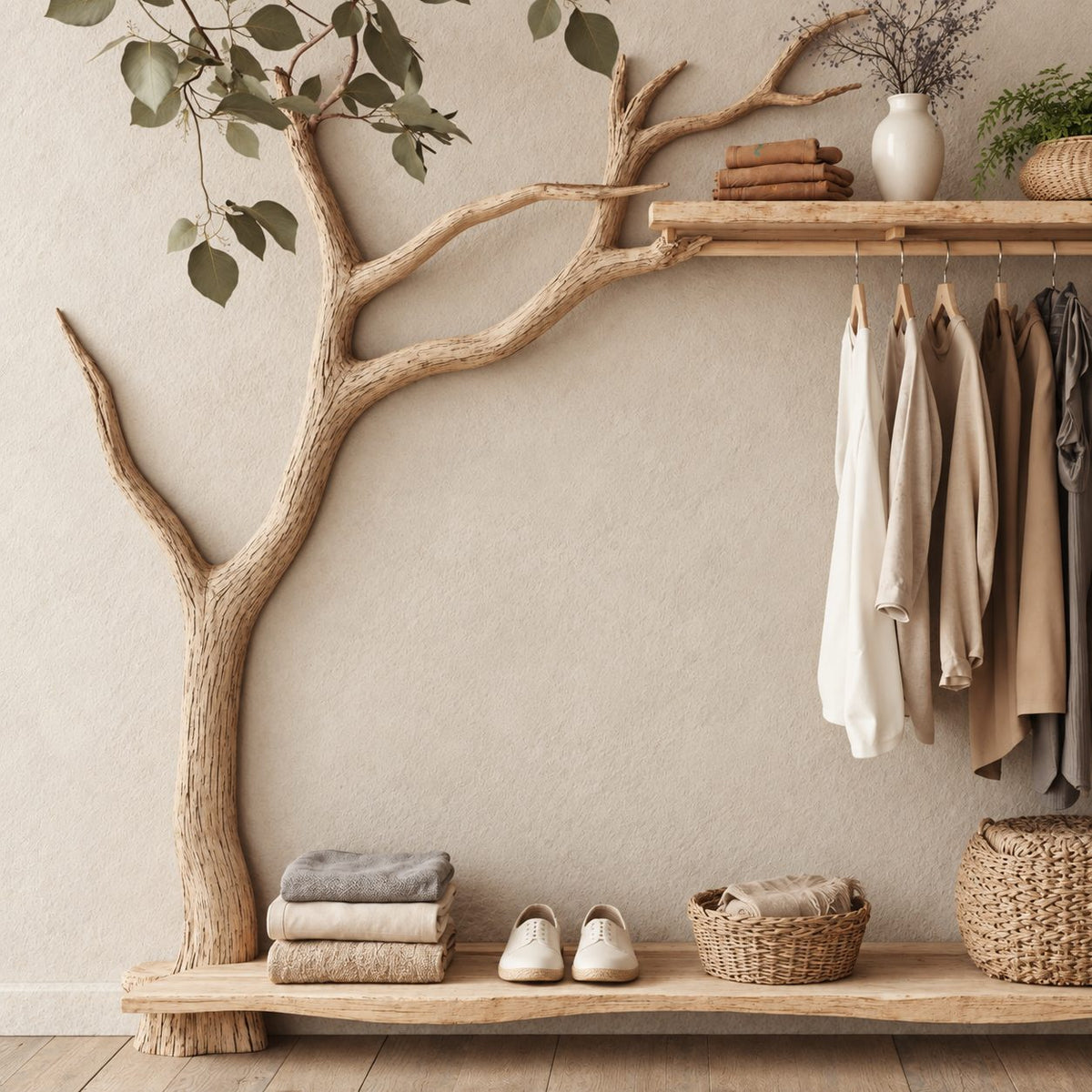 Low Tree Coat Hanger Stand with Top Shelf, Hanging Rail and Floor Slab Shelf, Solid Wood Clothes Rack, 42 x 50 Inch