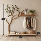 Low Tree Coat Hanger Stand with Top Shelf, Hanging Rail and Floor Slab Shelf, Solid Wood Clothes Rack, 42 x 50 Inch