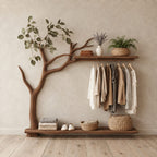 Low Tree Coat Hanger Stand with Top Shelf, Hanging Rail and Floor Slab Shelf, Solid Wood Clothes Rack, 42 x 50 Inch