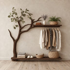 Low Tree Coat Hanger Stand with Top Shelf, Hanging Rail and Floor Slab Shelf, Solid Wood Clothes Rack, 42 x 50 Inch