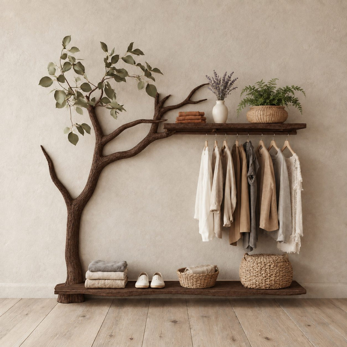 Low Tree Coat Hanger Stand with Top Shelf, Hanging Rail and Floor Slab Shelf, Solid Wood Clothes Rack, 42 x 50 Inch
